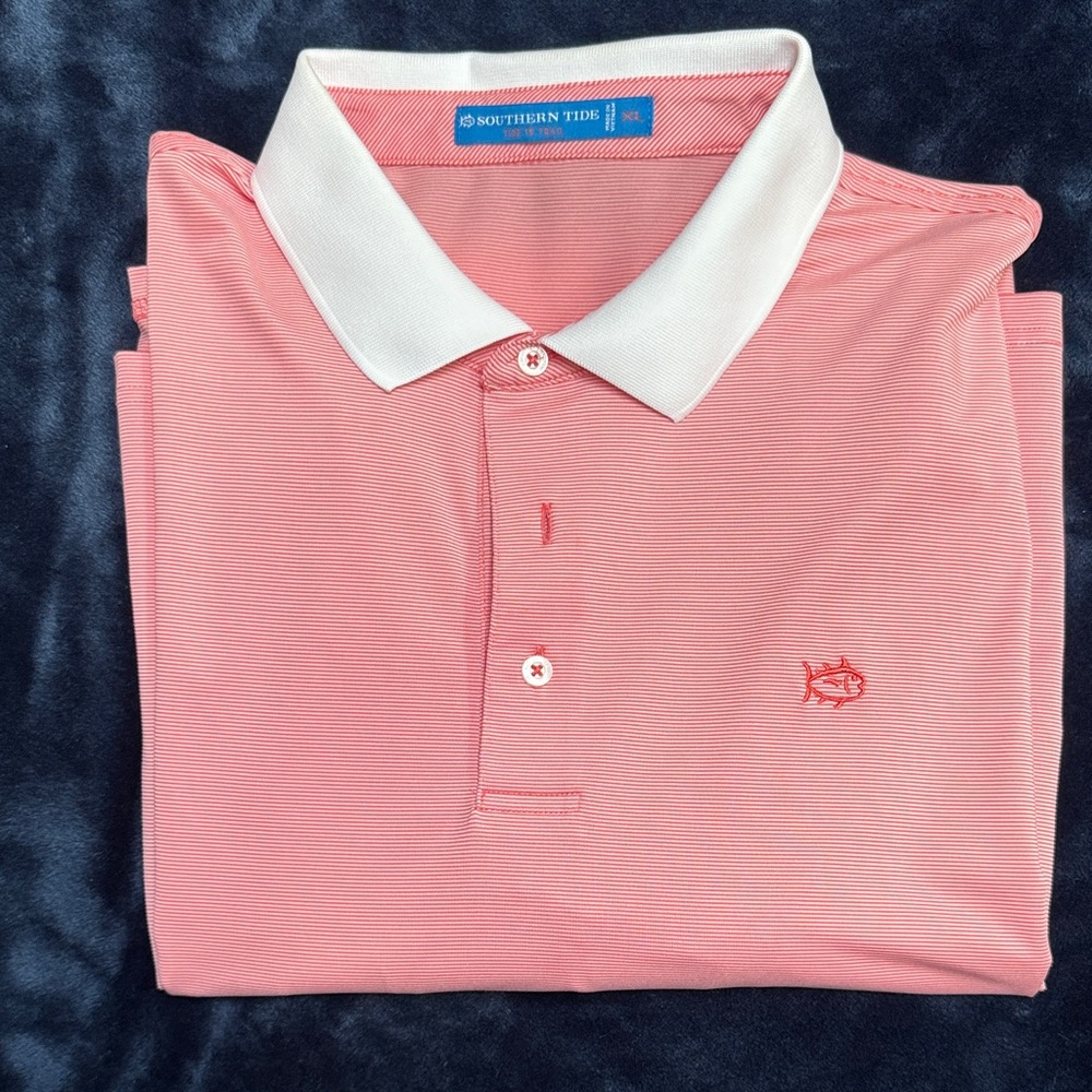 Southern Tide Coral Polo Shirt with White Collar